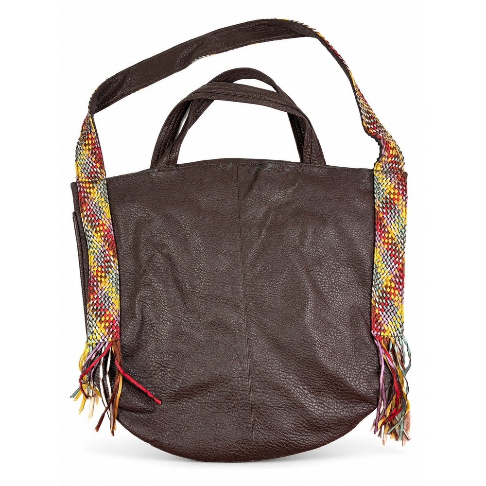 Vintage Y2K Boho Pebbled Leather Fringe Brown Woven Hobo Shoulder Bag